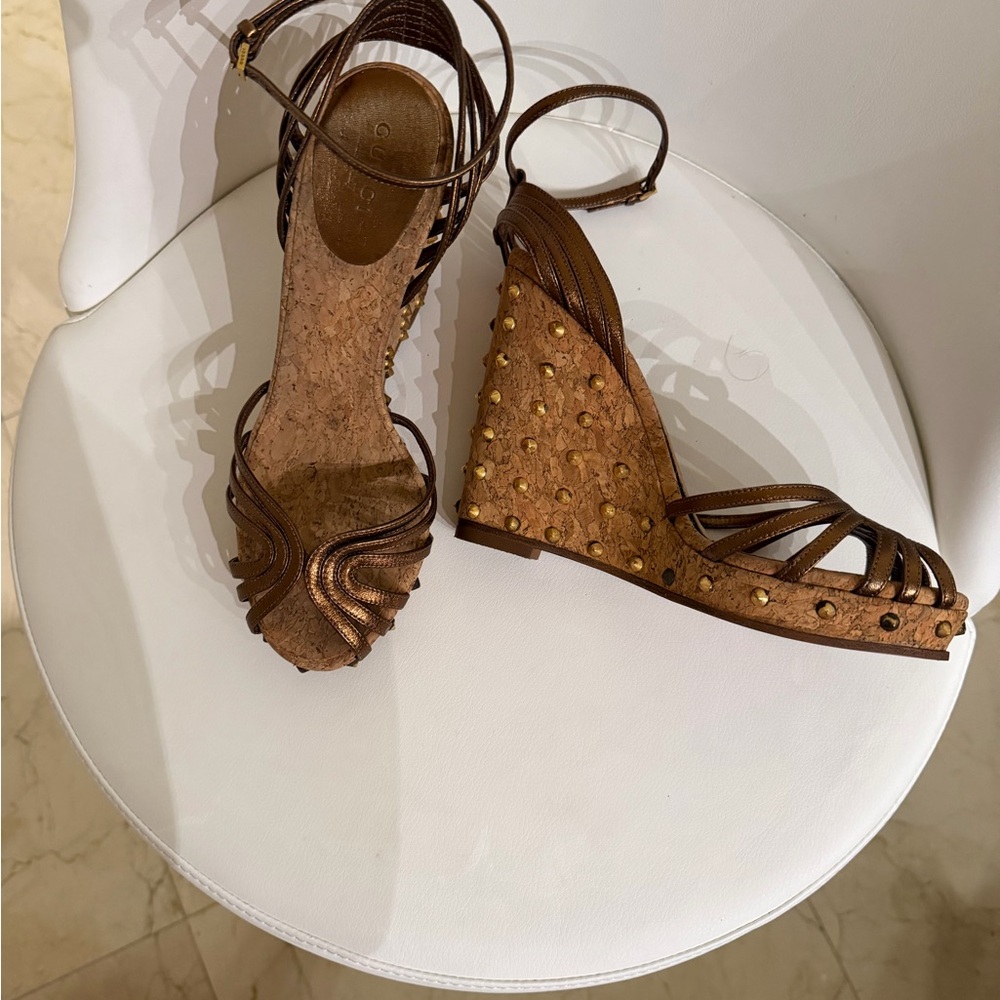 Gucci Brown Cork Wedge Sandals with Gold Studs